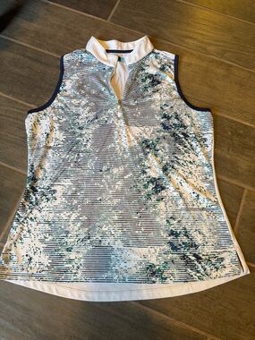 PGA Tour White Tank Top with Teal & Navy Abstract Stripe Print